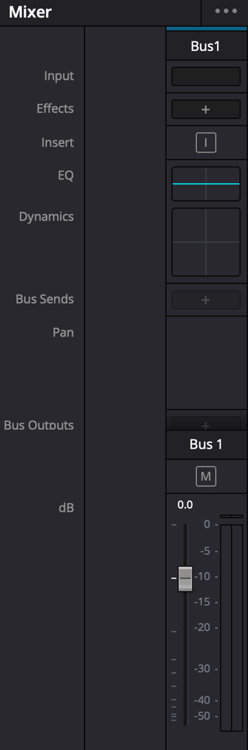 The mixer panel in Fairlight